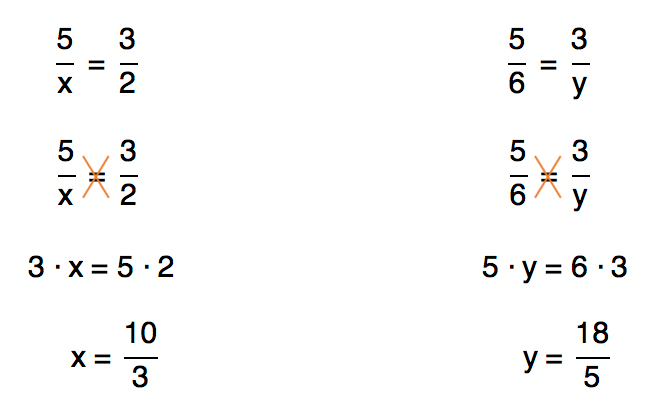 resolução das proporções 5/x=3/2 e 5/6=3/y que resultam em 10/3 e 18/5