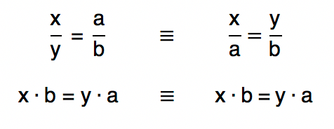tanto x/y=a/b quanto x/a=y/b resultam em xb=ya