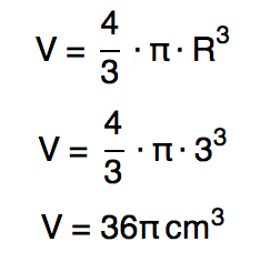 Substituindo o valor de R por 3 na fórmula V = (4πRˆ3)/3 tem-se V = 36π cmˆ3