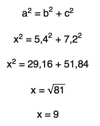 Teorema de Pitágoras aˆ2 = bˆ2 + cˆ2 é utilizado para encontrar o valor da incógnita x = 9