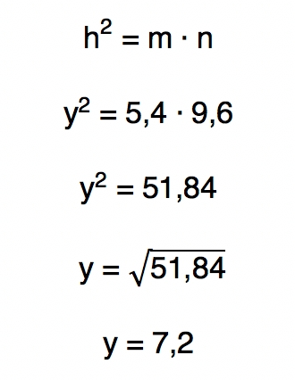 relação métrica hˆ2 = m.n permite encontrar o valor da incógnita y = 7,2