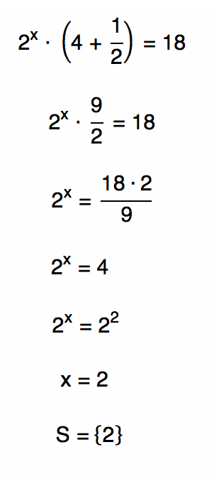 2ˆx . (4 + 1/2) = 18 resulta em x = 2