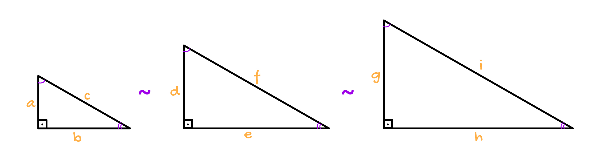 3 triângulos retângulos cujos lados são proporcionais e os ângulos congruentes