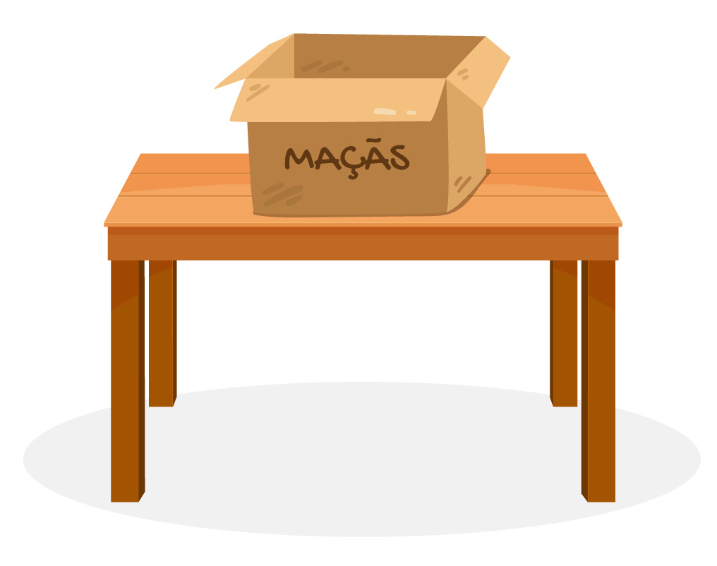 Caixa de maçãs colocada em cima de uma mesa.