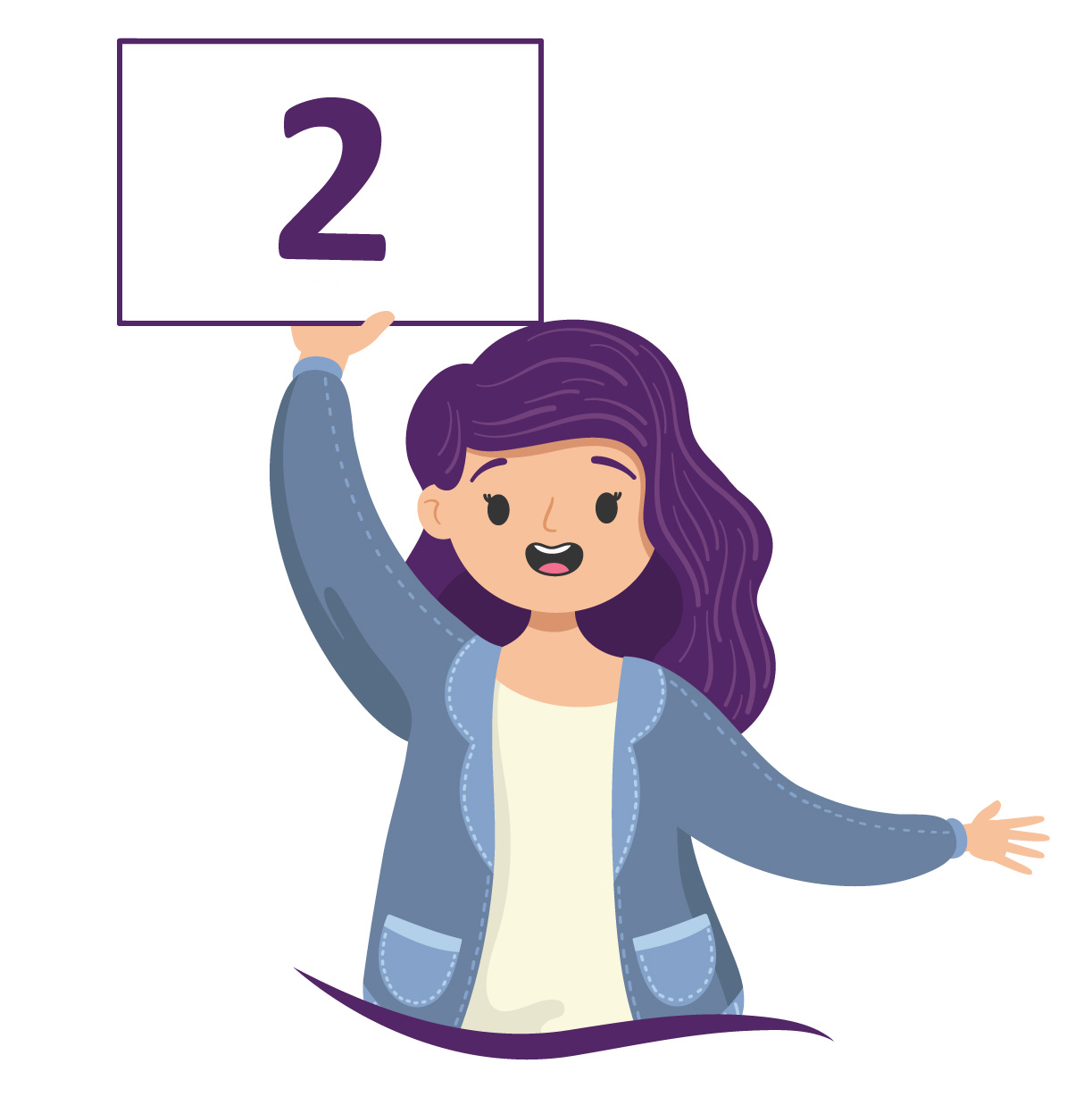 aluna de cabelo roxo mostra o número 2 em uma placa