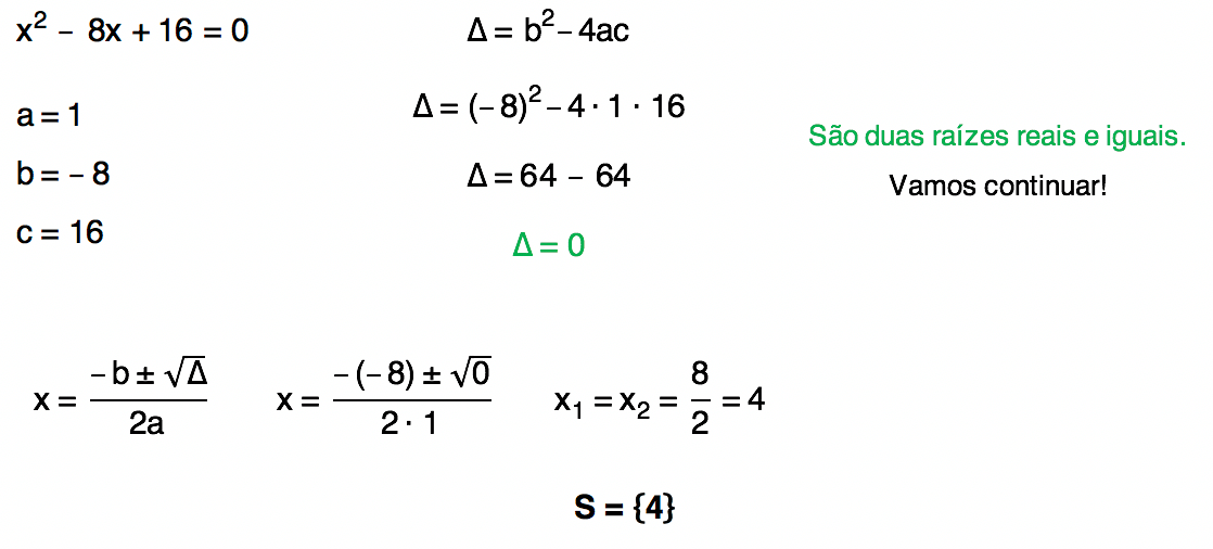 equação do 2 grau x^2 - 8x + 16 = 0 resolvida através da fórmula de Bhaskara cuja solução é S = {4}