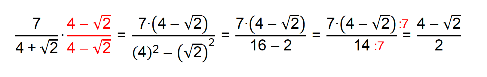 Racionalização do denominador da fração 7/(4+√2)
