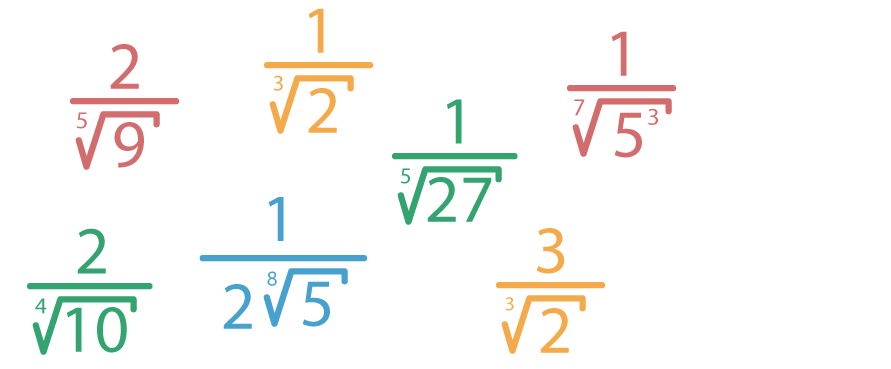 7 frações com denominadores com radicais de índice maior do que 2