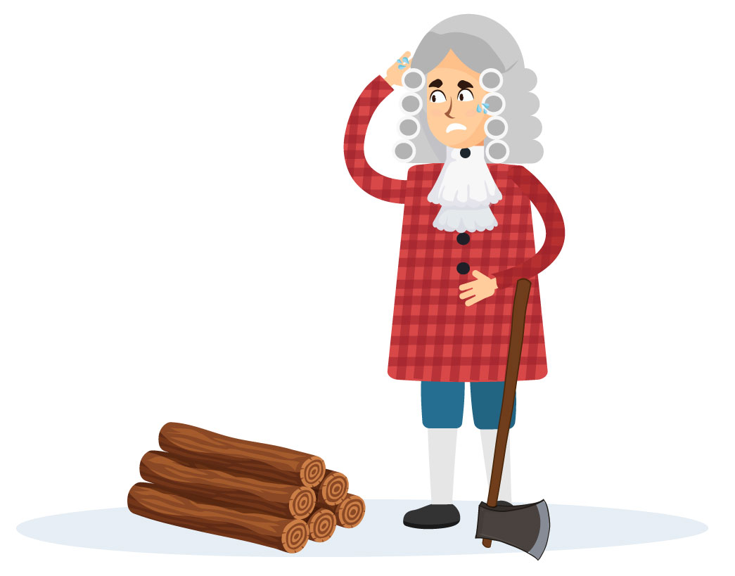 Newton apoiado em um machado, cansado de cortar lenha.