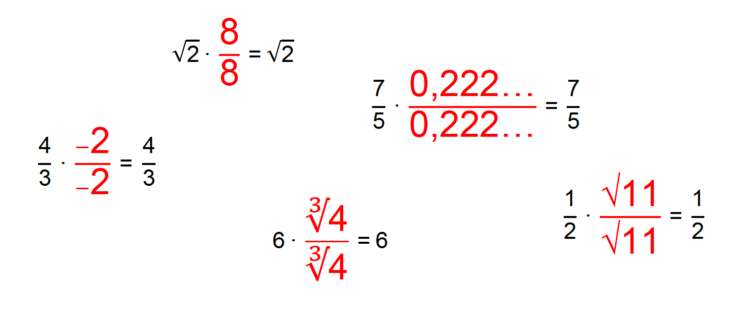vários números reais sendo multiplicados por uma fração de igual numerador e denominador