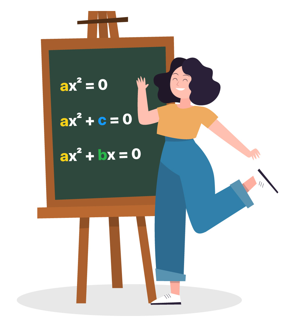 3 equações do 2º grau incompletas apresentadas em um quadro