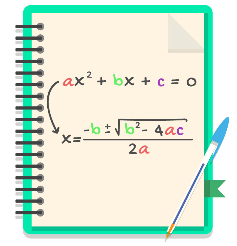 caderno onde está descrita a equação do 2º grau ax^2 + bx + c = 0 e a fórmula de Bhaskara x = (-b ± √(bˆ2 - 4ac))/2a