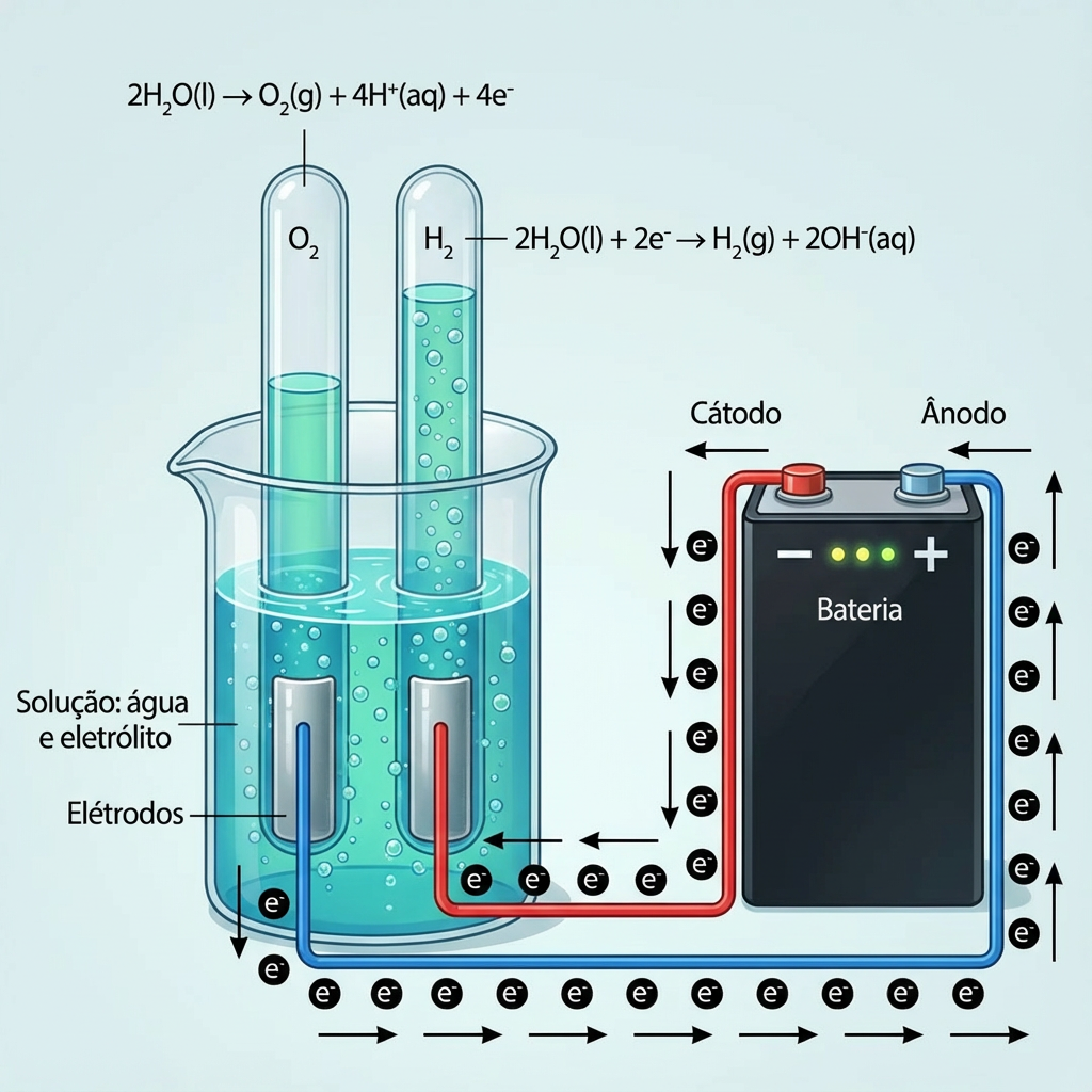 Ilustração da eletrólise da água - separação do hidrogênio e do oxigênio da água. 