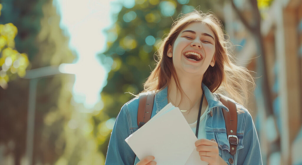 aluna sorridente depois de saber como funciona o Enem e fazer uma boa prova