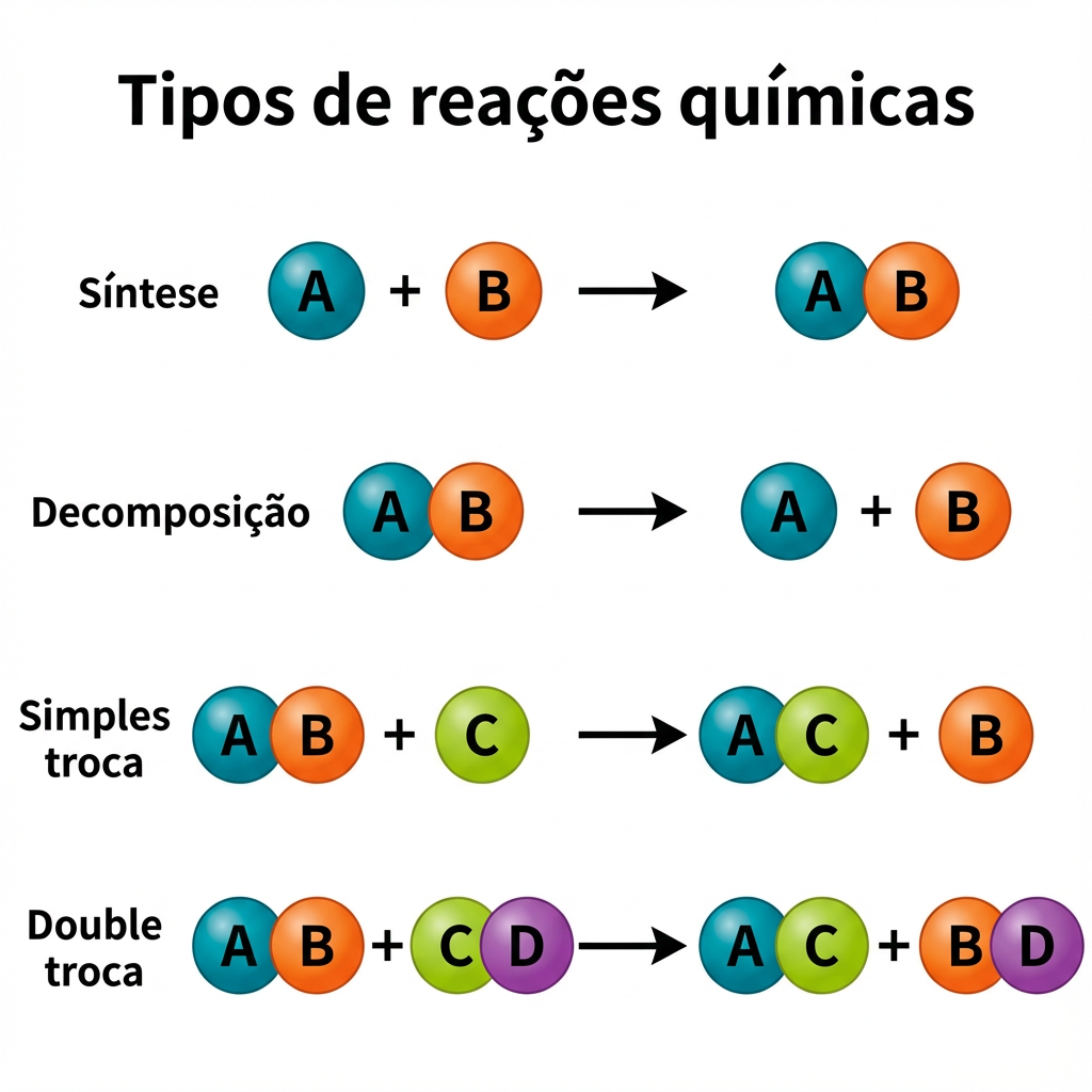 Quadro ilustrativo com os tipos de reações químicas. 