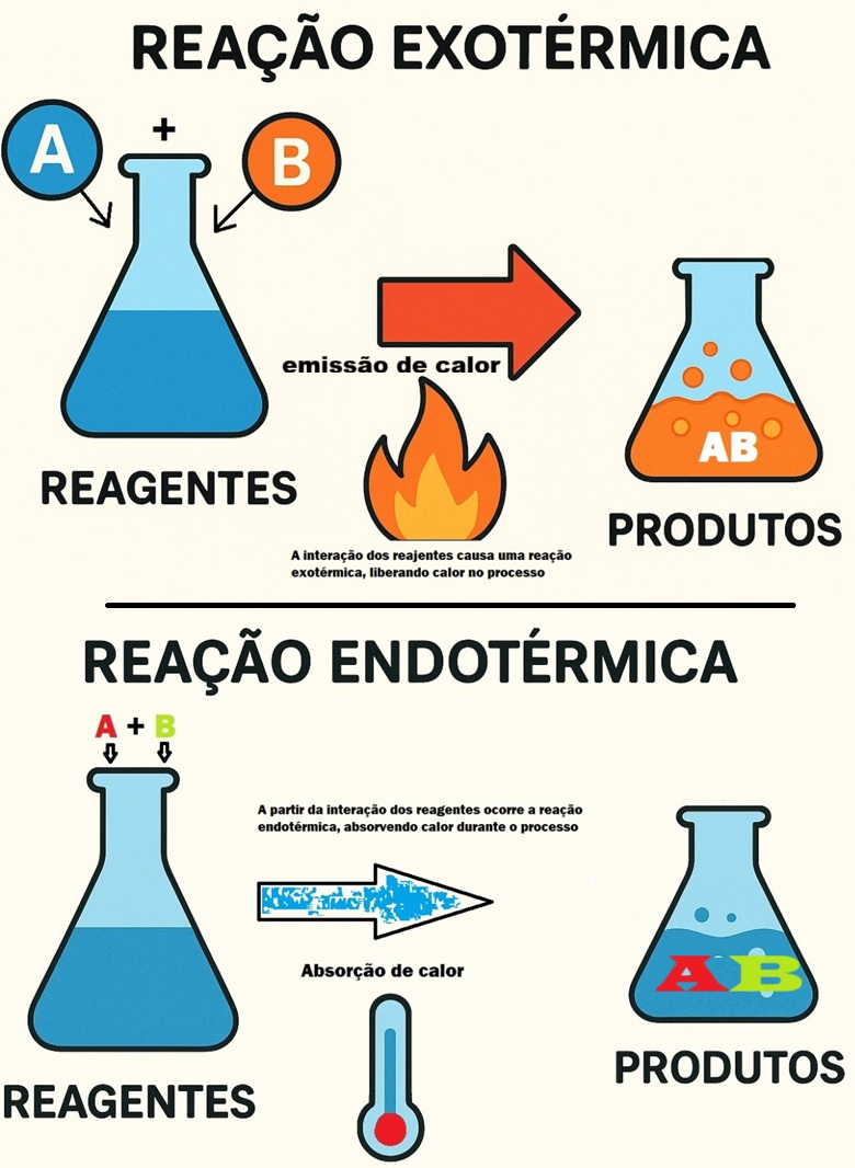 Ilustração de uma reação exotérmica e endotérmica.