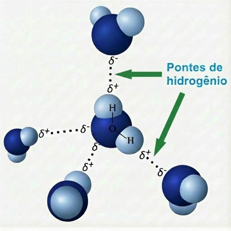 Cada molécula de água consegue se conectar com outras quatro moléculas de água através das pontes de hidrogênio.