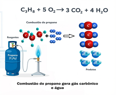Combustão do propano gera gás carbônico e água.