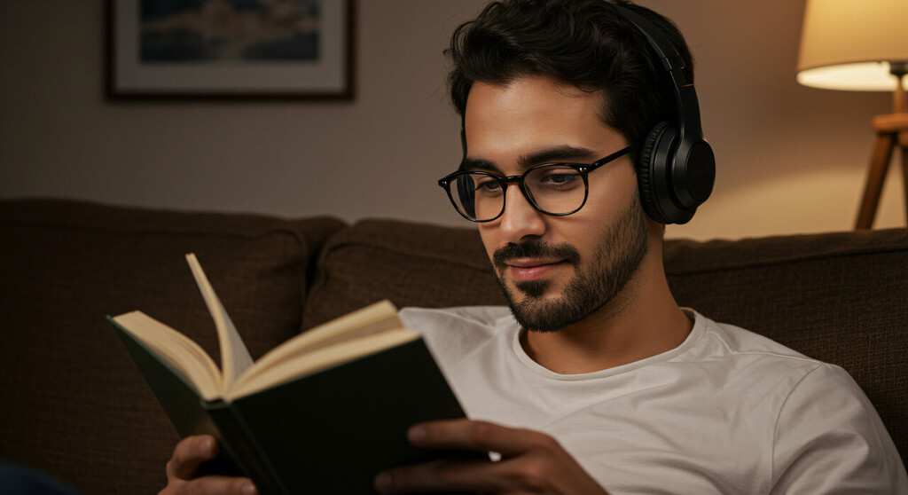 aluno lendo livro e usando fone de ouvido, depois de escolher métodos de estudo para vestibular