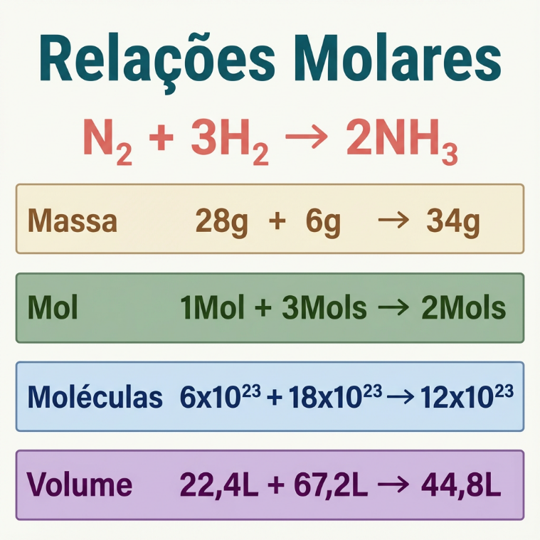 Quadro ilustrativo das relações molares na estequiometria.