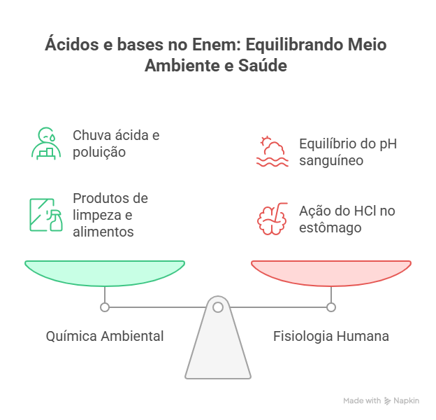 Quadro ilustrativo do que é cobrado nas provas do Enem sobre ácidos e bases.