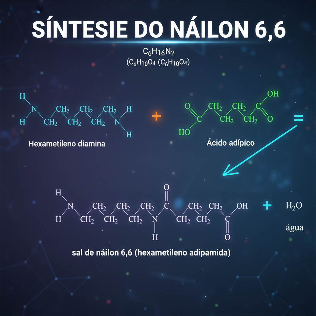 Representação da polimerização (reação química) que resulta no náilon.