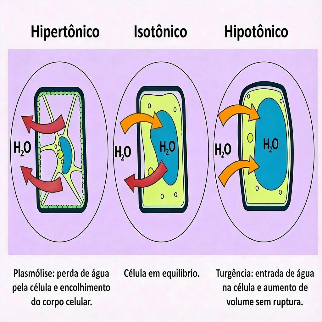 Ilustração do comportamento da osmose com soluções hipertônicas. isotõnicas e hipotônicas.