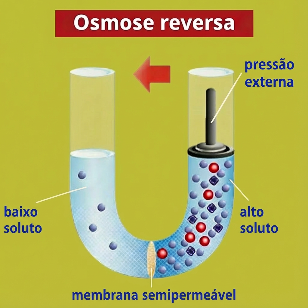 Ilustração do processo da osmose reversa.